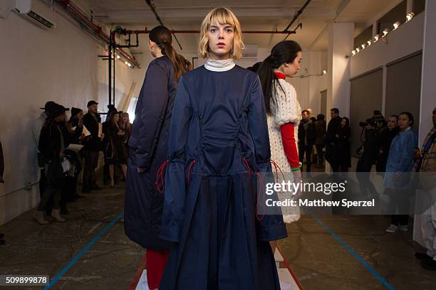 Model poses at the Damnsel 'Garmeoplasty' presentation during Fall 2016 New York Fashion Week on February 12, 2016 in New York City.