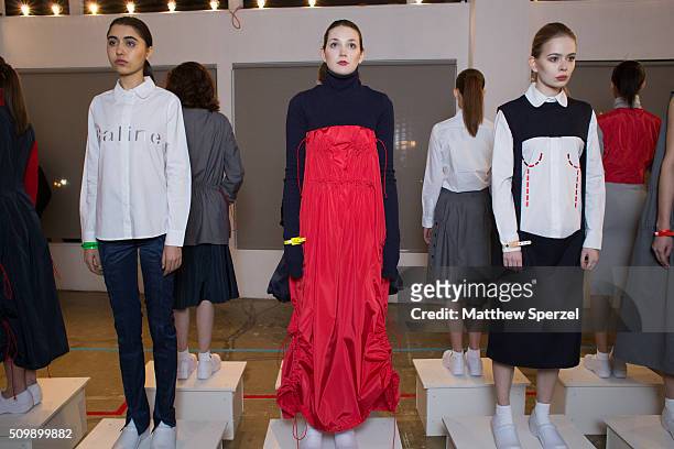 Models pose at the Damnsel 'Garmeoplasty' presentation during Fall 2016 New York Fashion Week on February 12, 2016 in New York City.