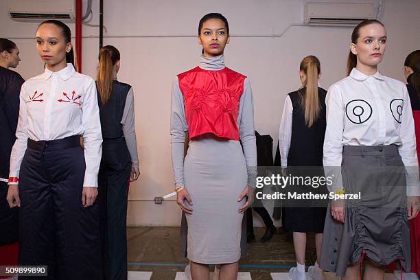 Models pose at the Damnsel 'Garmeoplasty' presentation during Fall 2016 New York Fashion Week on February 12, 2016 in New York City.