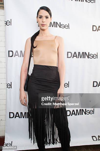Carmen Carrera wearing Parsuco, Suart Weitzman boots, and Tom Ford handbag attends the Damnsel 'Garmeoplasty' presentation during Fall 2016 New York...