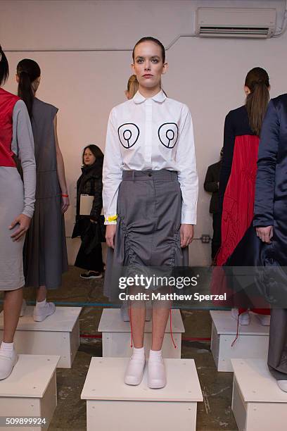 Model poses at the Damnsel 'Garmeoplasty' presentation during Fall 2016 New York Fashion Week on February 12, 2016 in New York City.