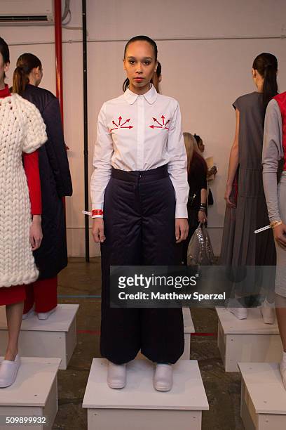 Model poses at the Damnsel 'Garmeoplasty' presentation during Fall 2016 New York Fashion Week on February 12, 2016 in New York City.