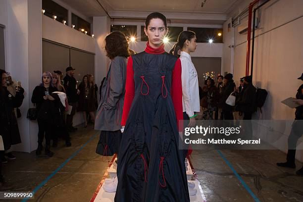 Model poses at the Damnsel 'Garmeoplasty' presentation during Fall 2016 New York Fashion Week on February 12, 2016 in New York City.