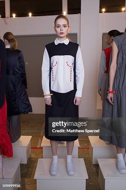 Model poses at the Damnsel 'Garmeoplasty' presentation during Fall 2016 New York Fashion Week on February 12, 2016 in New York City.