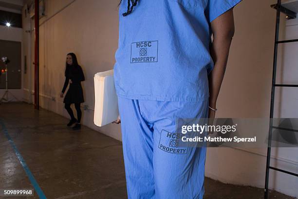 Model poses at the Damnsel 'Garmeoplasty' presentation during Fall 2016 New York Fashion Week on February 12, 2016 in New York City.