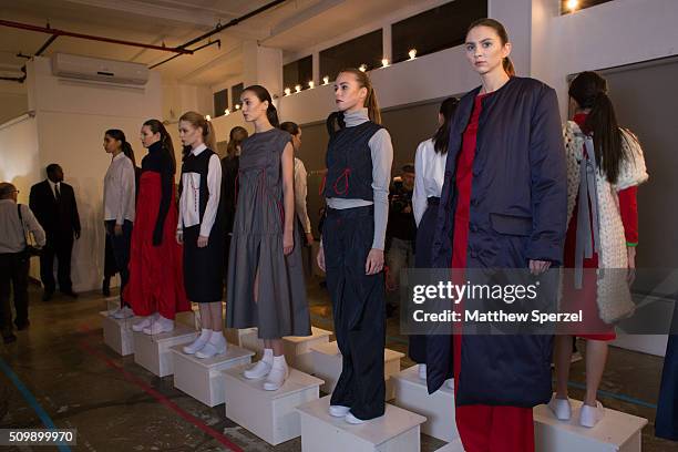 Models pose at the Damnsel 'Garmeoplasty' presentation during Fall 2016 New York Fashion Week on February 12, 2016 in New York City.