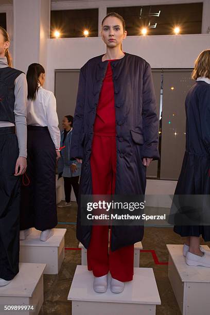 Model poses at the Damnsel 'Garmeoplasty' presentation during Fall 2016 New York Fashion Week on February 12, 2016 in New York City.