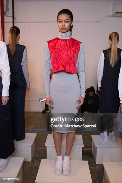 Model poses at the Damnsel 'Garmeoplasty' presentation during Fall 2016 New York Fashion Week on February 12, 2016 in New York City.