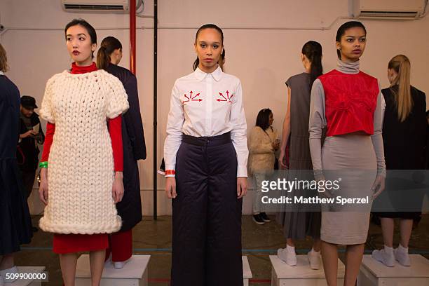 Models pose at the Damnsel 'Garmeoplasty' presentation during Fall 2016 New York Fashion Week on February 12, 2016 in New York City.