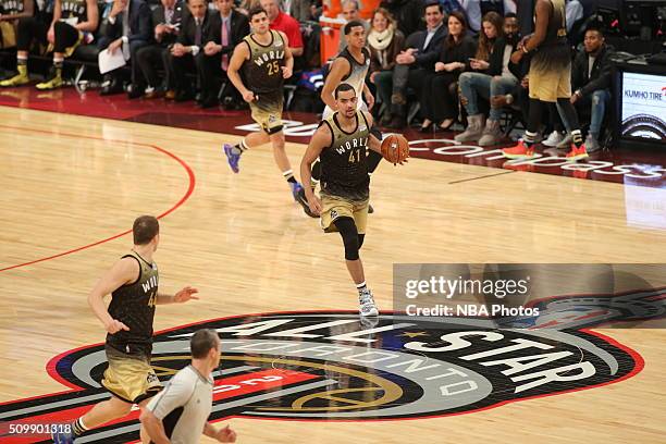 Trey Lyles of the World Team brings the ball up court during the BBVA Compass Rising Stars Challenge as part of 2016 NBA All-Star Weekend on February...