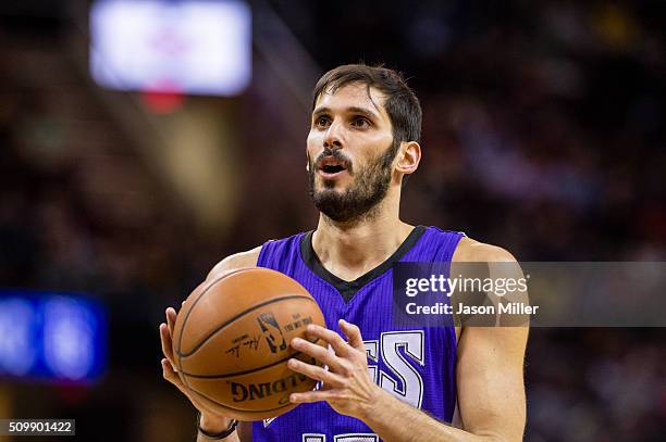 Omri Casspi of the Sacramento Kings shoots from the free throw line during the second half against the Cleveland Cavaliers at Quicken Loans Arena on...