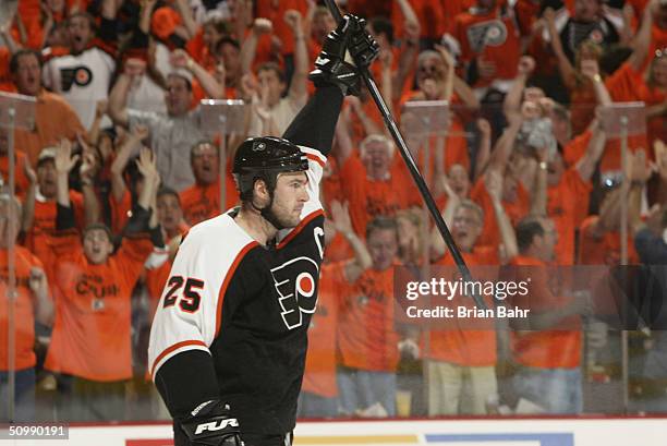 Center Keith Primeau of the Philadelphia Flyers celebrates a goal against the Tampa Bay Lightning in Game four of the 2004 NHL Eastern Conference...