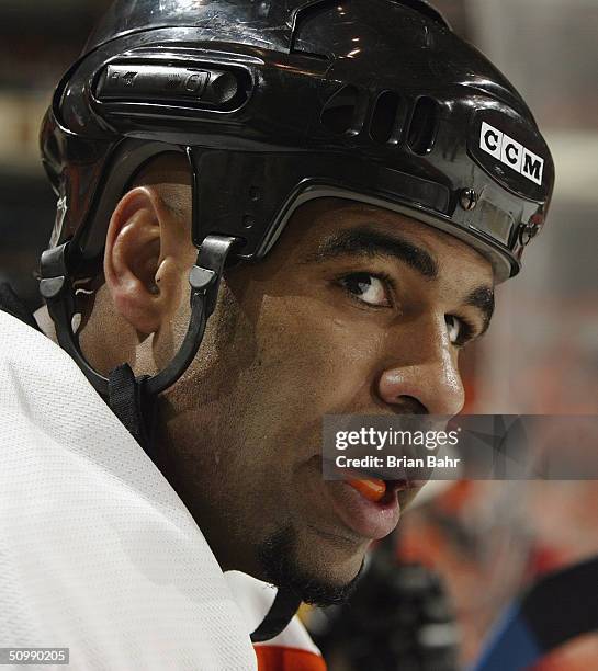 Left wing Donald Brashear of the Philadelphia Flyers looks on from the bench against the Tampa Bay Lightning in Game four of the 2004 NHL Eastern...