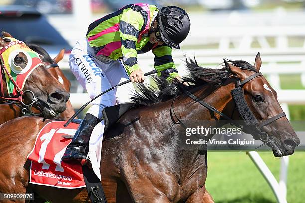 Luke Currie riding Suavito defeats Glen Boss riding Lucky Hussler in Race 7, the C.F.Orr Stakes during Melbourne Racing at Caulfield Racecourse on...