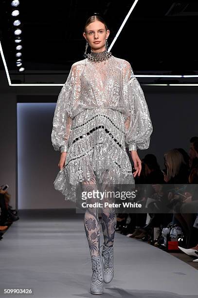 Model walks the runway at the Zimmermann fashion show during Fall 2016 New York Fashion Week at Art Beam on February 12, 2016 in New York City.