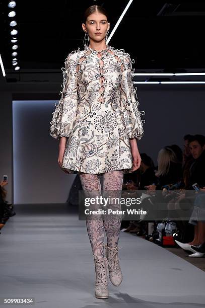 Model walks the runway at the Zimmermann fashion show during Fall 2016 New York Fashion Week at Art Beam on February 12, 2016 in New York City.