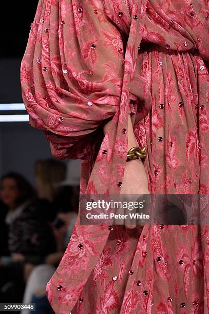 Model, dress detail, walks the runway at the Zimmermann fashion show during Fall 2016 New York Fashion Week at Art Beam on February 12, 2016 in New...