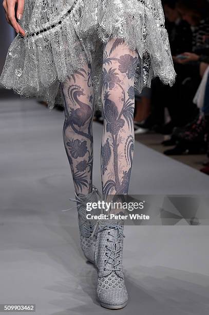 Model, fashion and shoe detail, walks the runway at the Zimmermann fashion show during Fall 2016 New York Fashion Week at Art Beam on February 12,...