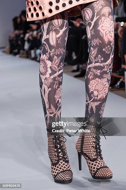 Model, fashion and shoe detail, walks the runway at the Zimmermann fashion show during Fall 2016 New York Fashion Week at Art Beam on February 12,...