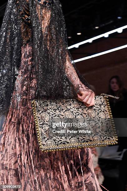 Model, clutch detail, walks the runway at the Zimmermann fashion show during Fall 2016 New York Fashion Week at Art Beam on February 12, 2016 in New...