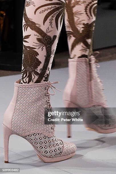 Model, shoe detail, walks the runway at the Zimmermann fashion show during Fall 2016 New York Fashion Week at Art Beam on February 12, 2016 in New...