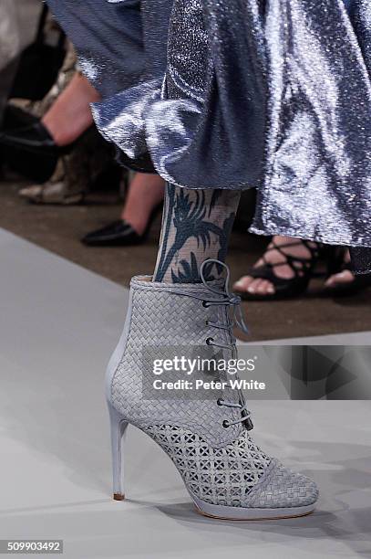 Model, shoe detail, walks the runway at the Zimmermann fashion show during Fall 2016 New York Fashion Week at Art Beam on February 12, 2016 in New...