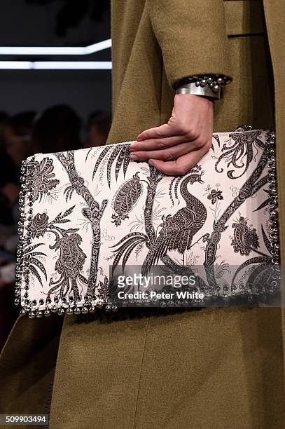 Model, clutch detail, walks the runway at the Zimmermann fashion show during Fall 2016 New York Fashion Week at Art Beam on February 12, 2016 in New...