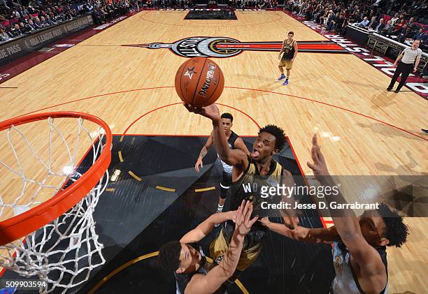 Andrew Wiggins of the World Team goes up for the finger roll during the BBVA Compass Rising Stars Challenge as part of the 2016 NBA All Star Weekend...