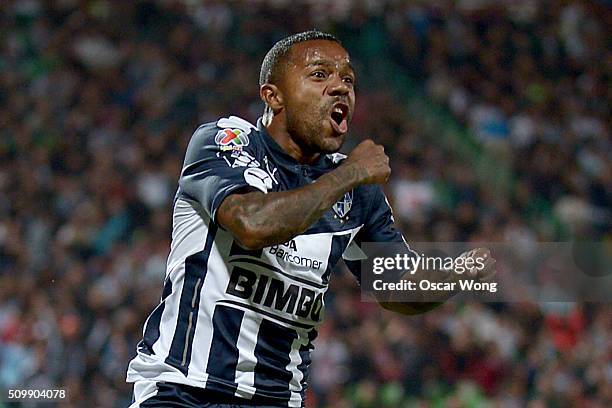 Dorlan Pabon celebrates after scoring his team's first goal during a 6th round match between Santos Laguna and Monterrey as part of the Clausura 2016...