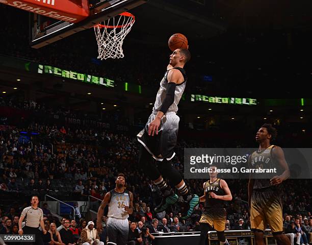 Zack Lavine of the U.S. Team goes up for the dunk during the BBVA Compass Rising Stars Challenge as part of the 2016 NBA All Star Weekend on February...