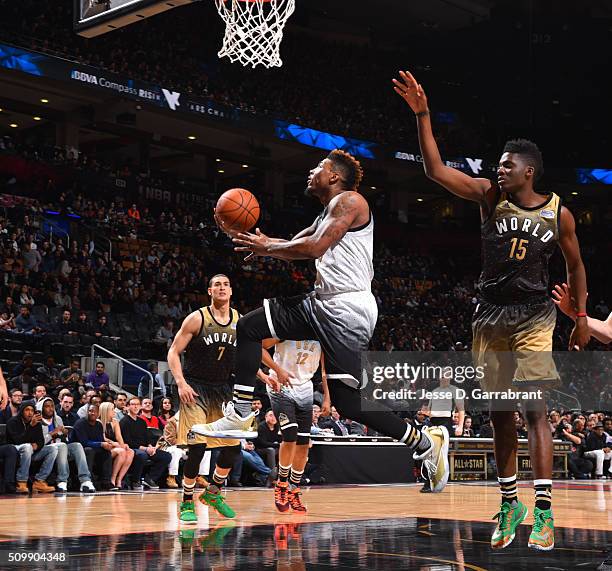 Marcus Smart of the U.S. Team goes up for the layup during the BBVA Compass Rising Stars Challenge as part of the 2016 NBA All Star Weekend on...