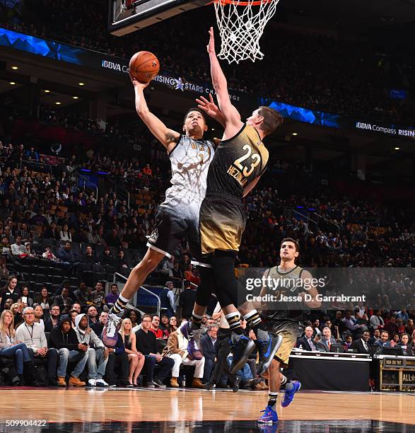 Devin Booker of the U.S. Team goes up for the shot during the BBVA Compass Rising Stars Challenge as part of the 2016 NBA All Star Weekend on...