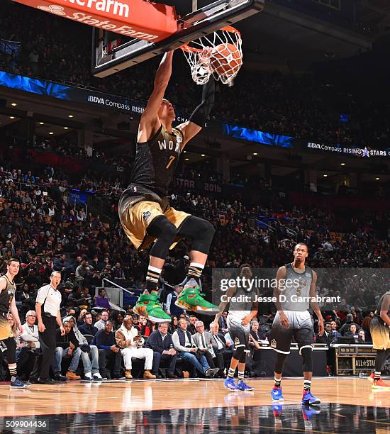 Dwight Powell of the World Team dunks the ball during the BBVA Compass Rising Stars Challenge as part of the 2016 NBA All Star Weekend on February...