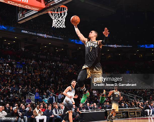 Dwight Powell of the World Team dunks the ball during the BBVA Compass Rising Stars Challenge as part of the 2016 NBA All Star Weekend on February...