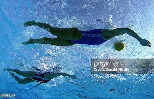 General view of play from underwater between Greece and Russia during the 2004 FINA Women's Water Polo League Super Final on June 23, 2004 in Long...