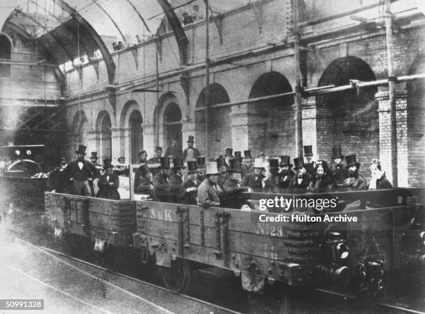 Chancellor of the Exchequer William Ewart Gladstone with directors and engineers of the Metropolitan Railway Company on an inspection tour of the...