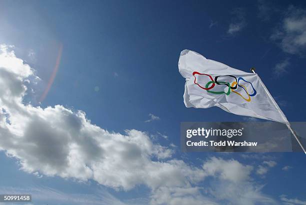 The Olympic Flag flies over Geneva during Day 20 of the ATHENS 2004 Olympic Torch Relay on June 24, 2004 in Geneva, Switzerland. The Olympic Flame...