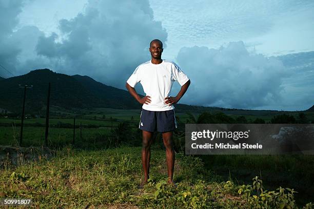 Kim Collins, 100m sprinter of St Kitts and Nevis and Olympic contender for Athens at home on April 21, 2004 in Frigate Bay, St.Kitts and Nevis.