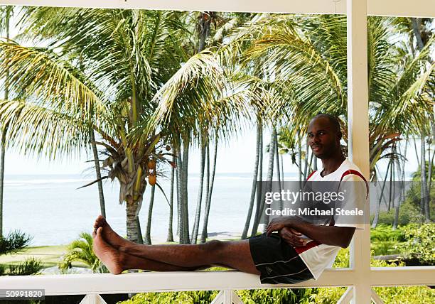 Kim Collins, 100m sprinter of St Kitts and Nevis and Olympic contender for Athens at home on April 21, 2004 in Frigate Bay, St.Kitts and Nevis.