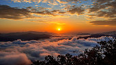 Seoraksan mountains is covered by morning fog and sunrise.