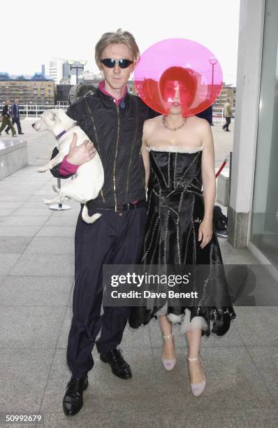 Phillip Treacey and Isabella Blow attend the "When Phillip met Isabella" Exhibition featuring a range of Phillip Treacey Hats designed for Isabella...