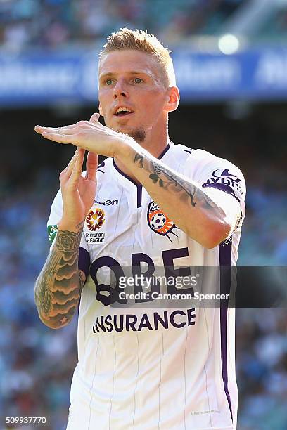 Andrew Keogh of the Glory celebrates scoring a goal during the round 19 A-League match between Sydney FC and the Perth Glory at Allianz Stadium on...