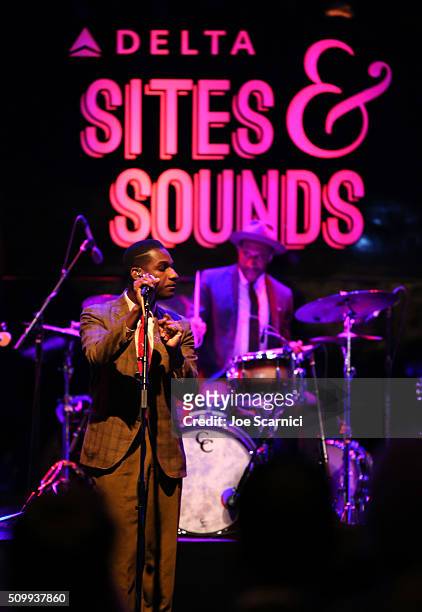 Singer Leon Bridges performs at Delta Air Lines Toasts GRAMMY Weekend with "Sites and Sounds," A Private Performance and Interactive Evening with...