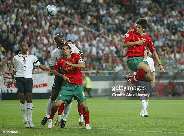 Helder Postiga of Portugal scores the equalising goal during the UEFA Euro 2004, Quarter Final match between Portugal and England at the Luz Stadium...