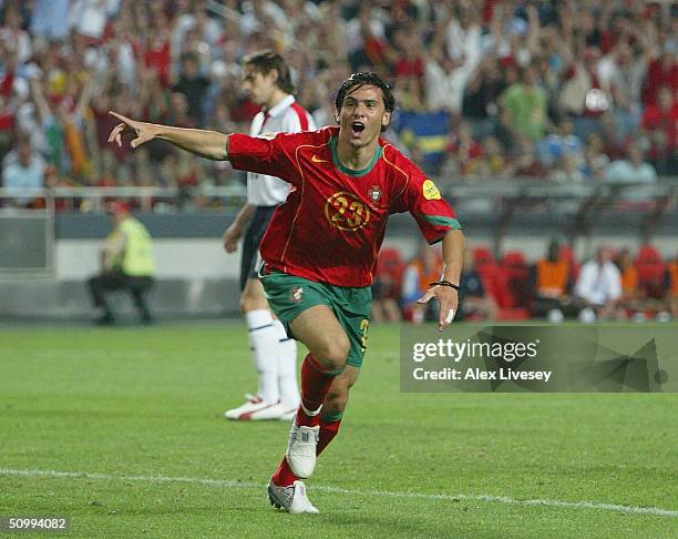Helder Postiga of Portugal celebrates after scoring the equalising goal during the UEFA Euro 2004, Quarter Final match between Portugal and England...
