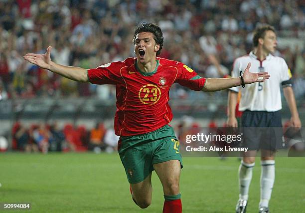 Helder Postiga of Portugal celebrates after scoring the equalising goal during the UEFA Euro 2004, Quarter Final match between Portugal and England...