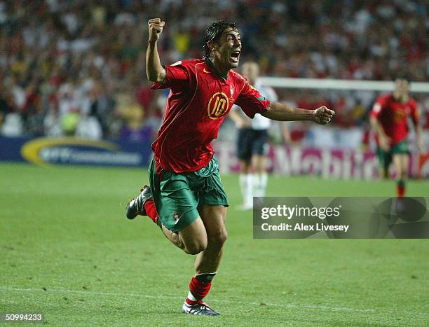 Rui Costa of Portugal celebrates after scoring the second goal during the UEFA Euro 2004, Quarter Final match between Portugal and England at the Luz...