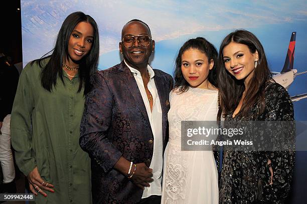 Singer Kelly Rowland, musician Randy Jackson, Stevanna Jackson, and actress Victoria Justice attend Delta Air Lines Toasts GRAMMY Weekend with "Sites...