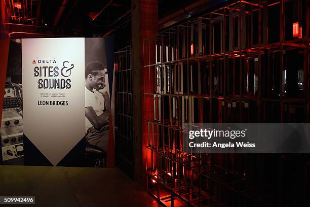 Delta signage is seen on display at Delta Air Lines Toasts GRAMMY Weekend with "Sites and Sounds," A Private Performance and Interactive Evening with...