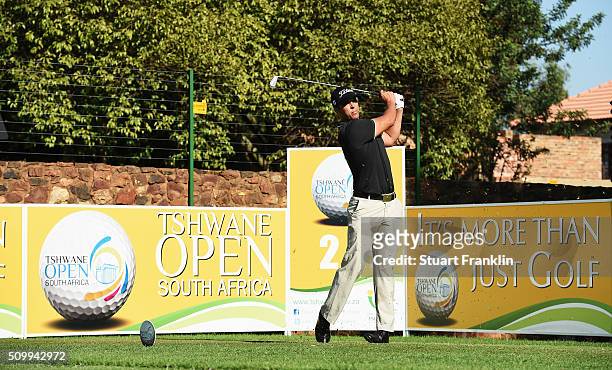 Dimitrios Papadatos of Austrlia plays a shot during the third round of the Tshwane Open at Pretoria Country Club on February 13, 2016 in Pretoria,...